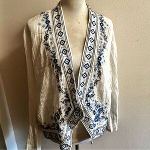 J. Jill white & Blue Floral Embroidered open cardigan kimono lightweight sz med